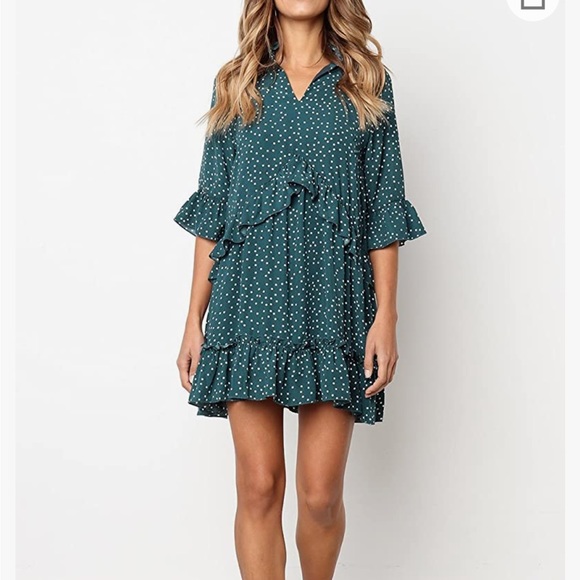 V Neck Ruffle Polka Dot Pocket Short Dress dark green (medium) - Picture 2 of 8